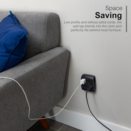 GE 6-Outlet Extender Wall Tap, Grounded Adapter, Charging Station, 3-Prong, Secure Install, ETL Listed, Black, 54840