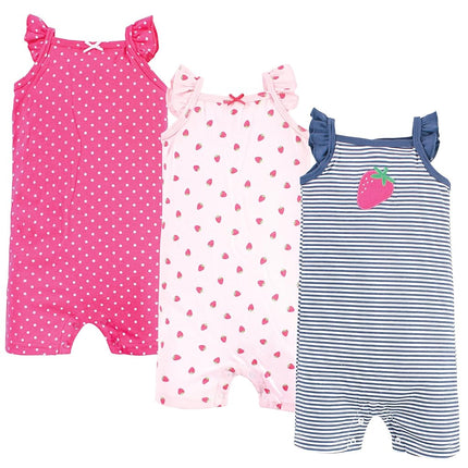 Hudson Baby Unisex Cotton Rompers, Pink Strawberry, 3-6 Months