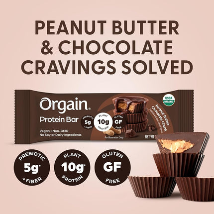 Orgain Organic Vegan Protein Bars, Peanut Butter Chocolate Chunk - 10g Plant Based Protein, Low Calorie Healthy Snacks, No Lactose or Soy Ingredients, Gluten Free, Non-GMO - 1.41 Oz (Pack of 12)