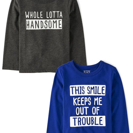The Children's Place Ensemble de t-shirts graphiques à manches longues assortis pour bébé et tout-petit, lots multiples, Handsome/Smile Out of Trouble, paquet de 2, 3T