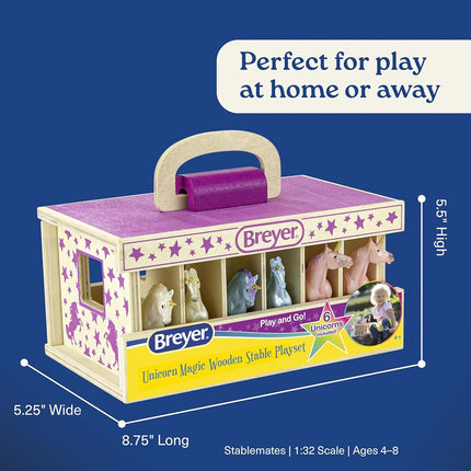Breyer Bandai Unicorn Magic Wooden Stable Playset, 6 Stablemates 10cm 1:32 Scale Unicorn Toys And Wood Carrying Stable, Plastic Animal Figures Make Great Unicorn Gifts For Girls And Boys