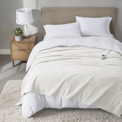Serta Travis Fleece Ultra Soft Tri-Rib Textured Electric Bed Blanket, Cozy and Snuggly Cover Fast Heating for Cold Weather, Auto Shut Off, Multi Heat Setting Controller, Twin, Cream