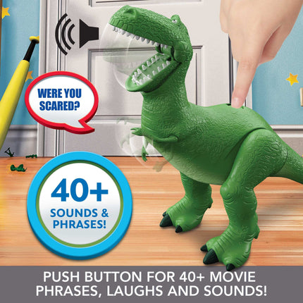 Juguetes de Disney y Pixar Toy Story, figura de dinosaurio Rex que se mueve y habla, Roarin' Laughs, 27.4 cm de alto con 40 frases y movimiento de boca y brazo, regalo para niños, HMM12
