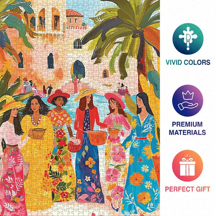 Saharan Sun: Fashion Under The Palms by Cross & Glory - 1000 Piece Moroccan Desert Jigsaw Puzzle, Eco-Friendly, Vibrant Colors, Ideal for Adult Puzzle Enthusiasts