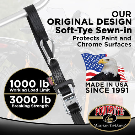 PowerTye 1½" x 6½ft Heavy-Duty Ratchet Tie-Downs, Made in USA with Soft-Tye and Carabiner Hooks (Pair) Tie-Down + Storage Bag Orange/Black