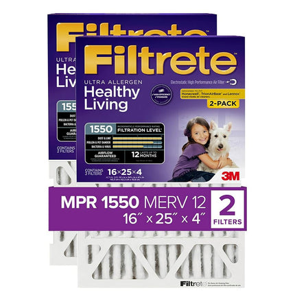 Filtrete 16x25x4, filtro de aire para horno de CA, MPR 1550 DP, pliegue profundo Healthy Living Ultra Allergen, paquete de 2 (dimensiones reales 15.88 x 24.56 x 4.31)