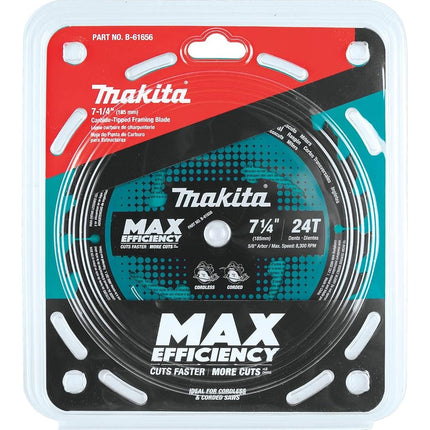 Makita B-61656 7-1/4" 24T Carbide-Tipped Max Efficiency Circular Saw Blade, Framing