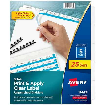 AVERY 5-Tab Unpunched Binder Dividers, Easy Print & Apply Clear Label Strip, Index Maker, White Tabs, 25 Sets (11443)