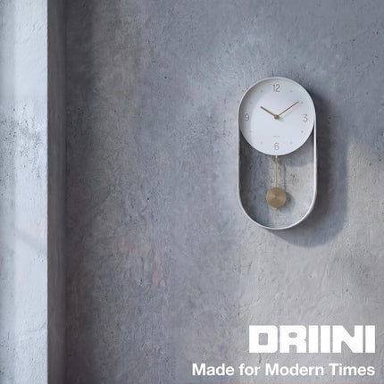 Driini Modern Pendulum Wall Clock - Decorative and Unique Metal Frame, with 8 Inch Face - Contemporary, Minimalist Design, with Silent Non Ticking Operation - Includes Both White and Gold Pendelum