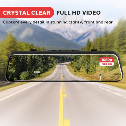 Pyle Dual Dash Cam Rearview Mirror, 1080p Full HD Front and Rear Car Camera with Night Vision, G-Sensor, Loop Recording, 9.66” Touchscreen, Backup Cam, Motion Detection, Wide-Angle Lens, 12" x 2" x 3"