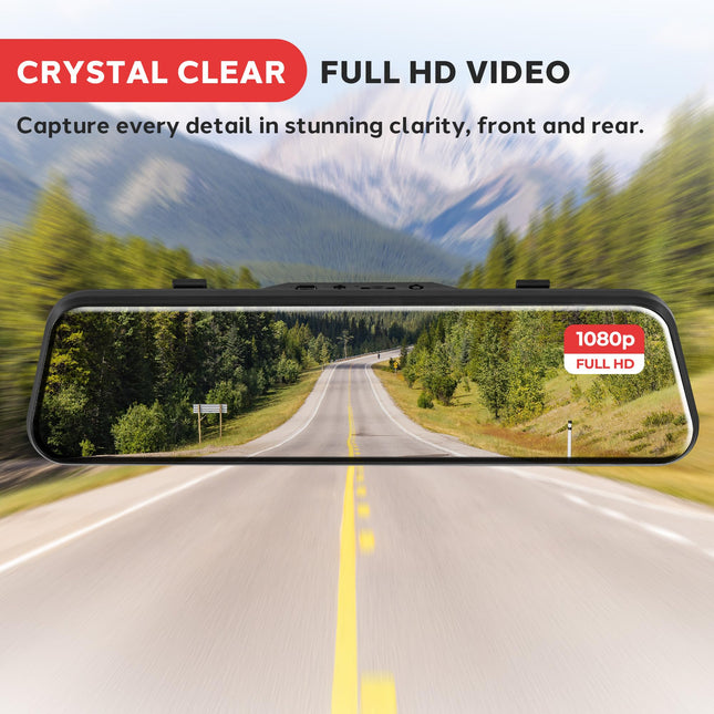 Pyle Dual Dash Cam Rearview Mirror, 1080p Full HD Front and Rear Car Camera with Night Vision, G-Sensor, Loop Recording, 9.66” Touchscreen, Backup Cam, Motion Detection, Wide-Angle Lens, 12" x 2" x 3"