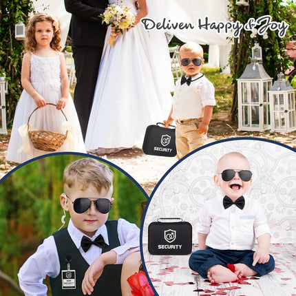 Mepase 21 Pcs Ring Wedding Bearer Security Set Include Ring Bearer Box ID Badge Holder Sunglass Acoustic Earpiece Tube Mission Card with Binder Clip Bow for Kids (Cloth Suitcase)