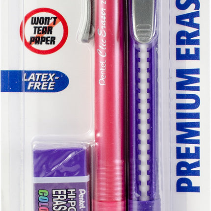 Pentel 3-Piece Eraser Pack, 2 Clic Erasers, 1 Bloc