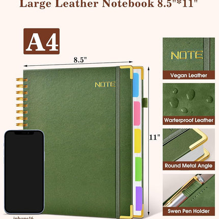 Hardcover Large Spiral Notebook 8.5" x 11" with Removable Dividers Tabs, 300 pages Leather 5 Subject Notebook College Ruled, A4 Journal for Women Men, Notebooks for Work School Note taking, Green