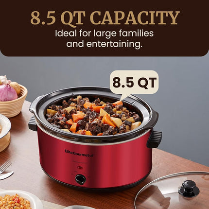 Olla de cocción lenta eléctrica de cerámica extragrande Elite Gourmet MST-900RXT#, temperatura ajustable, para platos principales, salsas, guisos y dips, tapa y olla de cerámica aptas para lavavajillas, 8.5 cuartos de galón, roja
