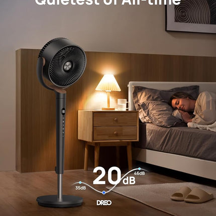 Dreo Fan for Bedroom, 120� Oscillating Standing Fans, Quiet Floor Fan with DC Motor, 100ft Pedestal Fans for Room, 9 Speeds, 4 modes, 20dB, 120� Manual Vertical, 37-42" Adjustable Height, 9H Timer