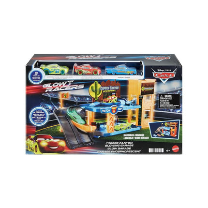 Disney and Pixar Cars Glow Racers Playset & 3 Toy Cars, Copper Canyon Glowing Garage Playset, Glow-in-the-Dark Elements & 1:55 Scale Vehicles, HPX75