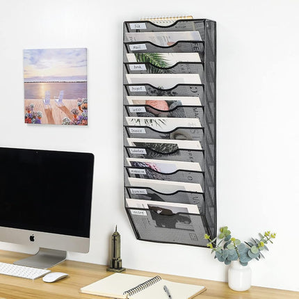 PAG 10-Tier Hanging Wall File Holder Mail Organizer Wall Magazine File Letter Rack,Mesh Metal A4 Wall Mounted Document Holder Paper Storage,Black