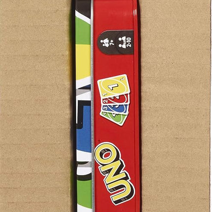 UNO Family Card Game in a Sturdy Storage Tin with 112 Cards, Travel-Friendly, Makes a Great Gift for 7 Year Olds and Up, GDJ85
