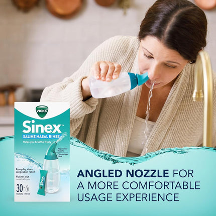 Kit de démarrage Vicks Sinex Saline pour irrigation nasale, solution saline sans médicament, élimine le mucus et les allergènes, soulagement rapide et efficace de la congestion quotidienne due aux sinus et aux allergies, 1 flacon + 30 sachets de recharge.