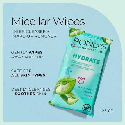 Pond's Vitamin Micelar Wet Wipes for Dry Skin Moisturising Aloe Vera Removes Makeup Waterproof 25 Wipes