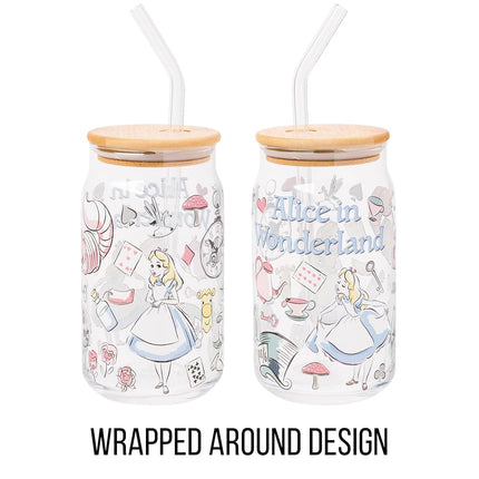 Silver Buffalo Disney Alice in Wonderland Glass Mason Jar Tumbler with Bamboo Lid and Glass Straw, 16 Ounces