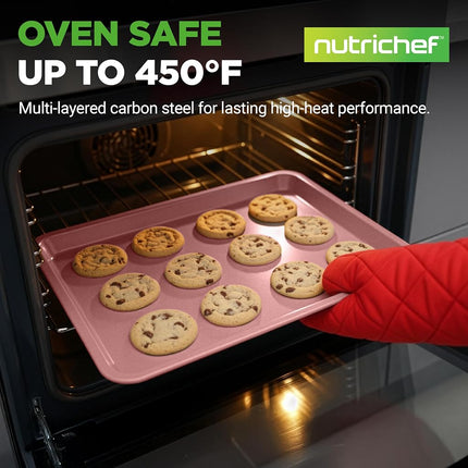 NutriChef 2-Piece Nonstick Cookie Sheets for Baking - Premium Medium & Large Size Baking Sheet Set - Thick Carbon Steel Bakeware Trays - Dishwasher Safe, Rose Gold