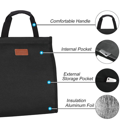 Lunch Bags for Women Insulated Reusable Lunch Box Tote with Internal Pocket, Lunch Tote Bag for Work (Black