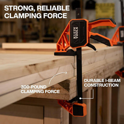 Klein Tools 47555 Speed-Klamp 6-Inch, 300-Pound Clamping Force, Clamp/Spreader, Pivoting Pads, One-Handed-Operation for Woodworking and Metal Projects