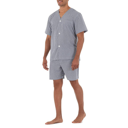 Fruit of The Loom Men's Broadcloth Short Sleeve Pajama Set, Navy/White Check, Large