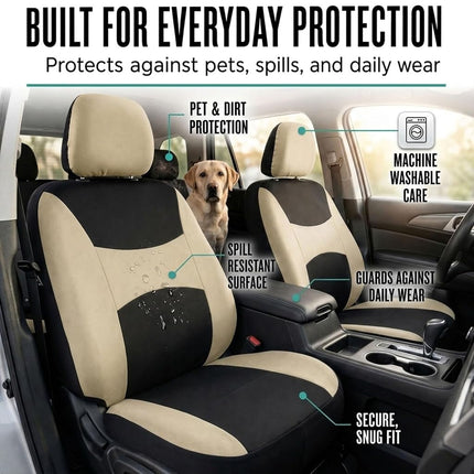 FH Group FB030BEIGEBLACK115-COMBO Seat Cover Combo Set with Steering Wheel Cover and Seat Belt Pad (Airbag Compatible and Split Bench Beige/Black)