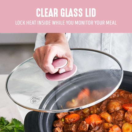 Olla de cocción lenta GreenLife Cook Duo saludable de cerámica antiadherente de 6 cuartos, sin PFAS, temporizador digital, piezas aptas para lavavajillas, rosa suave