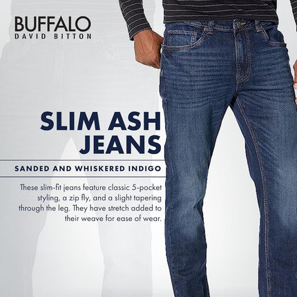 Buffalo David Bitton Men's Slim Ash Jeans, Sanded and Whiskered Indigo, 30W x 34L