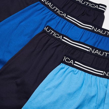 Nautica Men's Classic Cotton Loose Knit Boxer Shorts, Peacoat/Aero Blue/Sea Cobalt-4 Pack, Medium