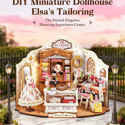 Rolife DIY Miniature House Kit Elsa's Tailoring, Mini Dollhouse Kit for Adults, Mini Room Building Kit for Teens, DIY Craft Kits for Parents Friends Girls Boys (Elsa's Tailor Shop)