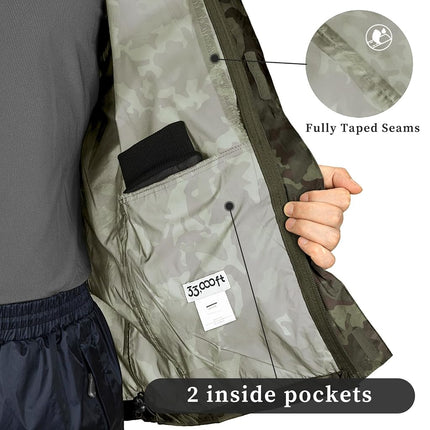 33,000ft Packable Rain Jacket Men's Lightweight Waterproof Rain Shell Jacket Raincoat with Hood for Golf Cycling Windbreaker, Camouflage, Large