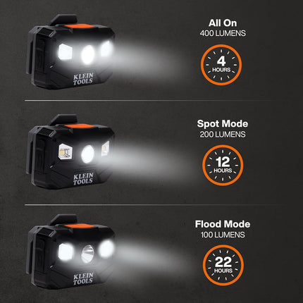 Rechargeable Auto-Off LED Headlamp with Adjustable Fabric Strap, 400 Lumens, All-Day Runtime Klein Tools 56048