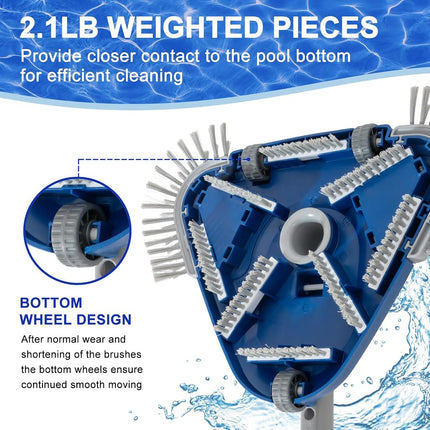 POOLAZA Pool Vacuum Head, Weighted, 1-1/4'', 1-1/2'' Swivel Hose Connection, Bottom & Side Brushes, Thorough Cleaning, Smooth Maneuverability, Navy Blue, Plastic, Inground & Above Ground Pools