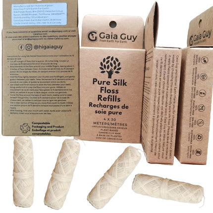 Gaia Guy Silk Dental Floss Refill | Unflavored Natural Silk | 4 x 30 Meter Spools | Compostable, Biodegradable & Eco-Friendly