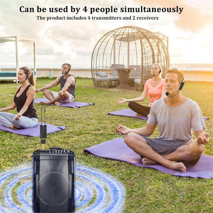 MICVISTA 4-Person Wireless Microphone System, 2.4G Wireless Earphone Microphones and Handheld Microphones 2-in-1 Speaker Audio Amplifier PA System for Teacher Tour Guides Fitness Trainer