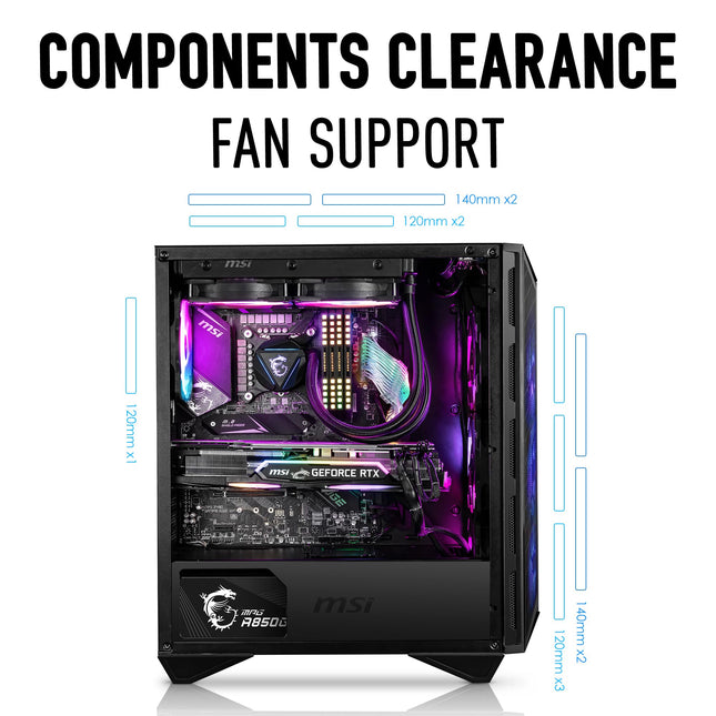 Caja para PC gaming de torre media MSI MPG GUNGNIR 111R - Negra, 4 ventiladores ARGB de 120mm, USB 3.2 Gen2x2 Tipo-C, Panel de cristal templado, Filtro de polvo magnético, Mystic Light RGB, ATX, m-ATX, Mini-ITX