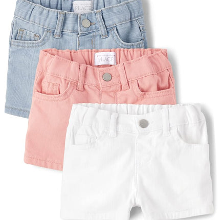 The Children's Place Pantalones cortos de mezclilla para niñas de bebé y niña, paquete de 3, mezclilla/albaricoque/blanco, 12-18 meses