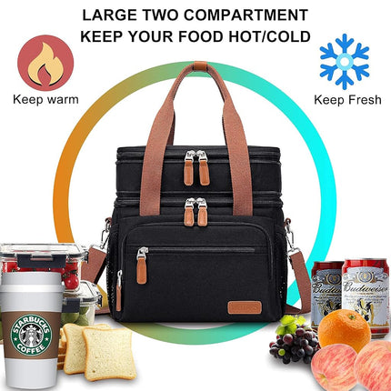 Weitars Lunch Bag for Women Men-Dual Compartment Large Lunch Box for Men Adult Lunch Box for Nurse Office Working Picnic Hiking (15L, Black/Kahki)