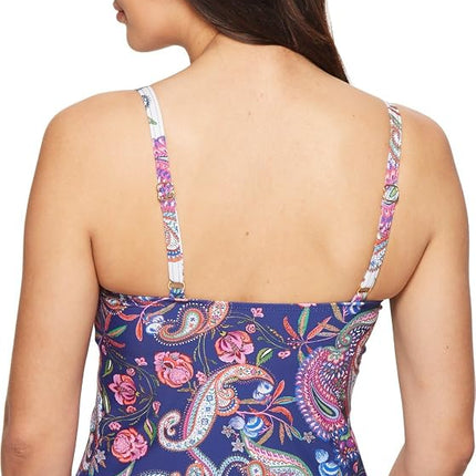 Haut de maillot de bain tankini La Blanca Delux à bonnets et bretelles, imprimé violet/marine/cachemire/foulard gipsy, 34D