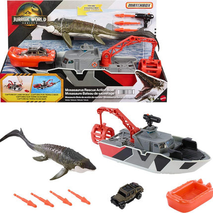 Mattel Jurassic World: Rebirth Matchbox Toy Car Playset, Jurassic World 12.5” Dino Boat with 13” Mosasaurus Dinosaur, 1:64 Die-Cast Jeep, Harpoon Missiles & Detachable Rescue Boat, JGG61