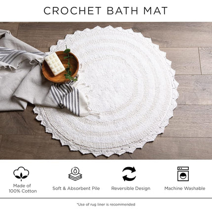 DII 100% Cotton Crochet Square Luxury Spa Soft Bath Rug, for Bathroom Floor, Tub, Shower, Vanity, and Dorm Room, 24x24 - White