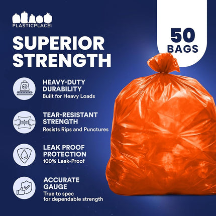 Plasticplace 55-60 Gallon Trash Bags │ 1.2 Mil │ Orange Heavy Duty Garbage Can Liners │ 38” x 58” (50 Count)