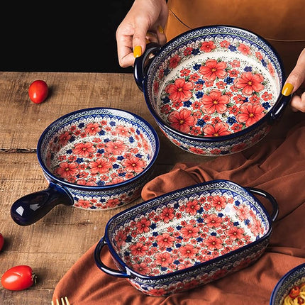 Bicuzat Vintage Style Cherry Blossom Flowers Pottery Bakeware Ceramic Casserole Dish Baking Pan Lasagna Pans Baking Dish with Handles for Oven to Table-1 PCS, 32 oz