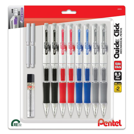 Pentel Quick Click Mechanical Pencil, (0.5mm), Includes Refill Lead and Erasers, Pack of 8 Pencils (PD215LEBP8)