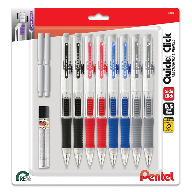 Pentel Quick Click Mechanical Pencil, (0.5mm), Includes Refill Lead and Erasers, Pack of 8 Pencils (PD215LEBP8)
